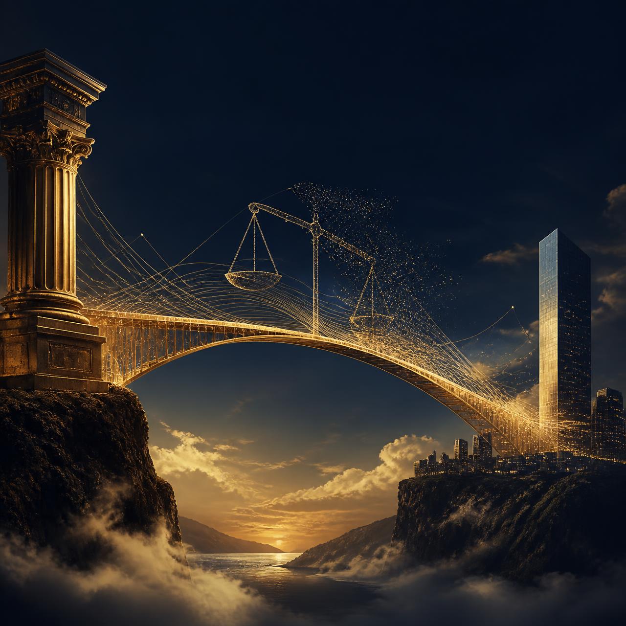 Ponte dourada simbolizando a conexão entre a tradição jurídica e o futuro digital do Direito Remoto